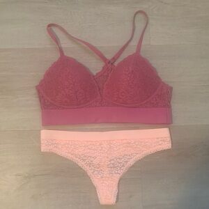 Lace Bralette and Panty Set - Pink